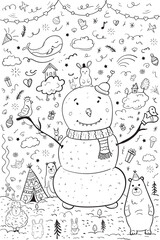 Cute snowman and magic animals in doodle style