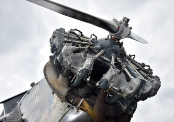 Old radial airplane engine closeup view - 529017925