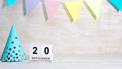 Birthday September 20 on the calendar. Happy birthday card with date copy space. Holiday decorations for congratulations, place for text