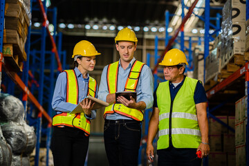 Warehouse workers and managers monitor stock and inventory in a retail warehouse filled with shelves. work in logistics Distribution center. Distribution center, storage. warehouse