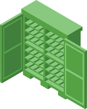 Green wine cabinet icon isometric vector. Wood bar. Bottle rack