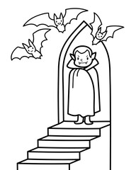 Vector contour illustration of a vampire in a castle. Coloring page with a funny Halloween character.