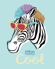 Hand drawn cool zebra cartoon with hair and colorful glasses © Bhonard21