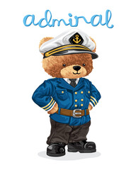 Hand drawn vector illustration of teddy bear in admiral costume