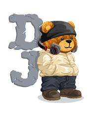 Hand drawn vector illustration of teddy bear in DJ stylish with headphones