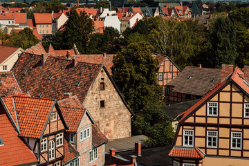 Fototapeta na wymiar Red roofs of beautiful houses. Top view