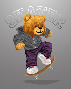 Naklejki Hand drawn vector illustration of teddy bear play skateboard