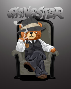 Hand drawn vector illustration of teddy bear in gangster style sitting on throne with tobacco pipe