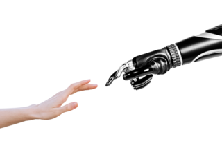 Technology concept with robot hand touching female human hand