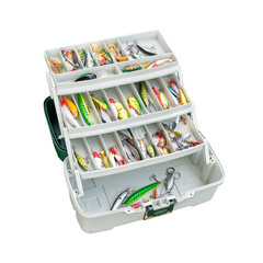 Colorful fishing lures in open fishermans tackle box isolated