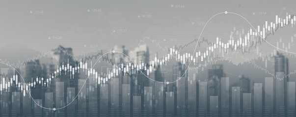 Fototapeta na wymiar financial chart with line graph in stock market on cityscape background 
