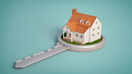 House on a key.Concept for real estate or property.3d rendering - obrazy, fototapety, plakaty
