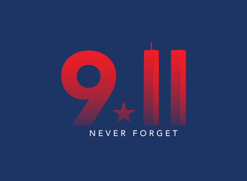 USA Patriot Day 9.11 Never Forget September 11, 2001 vector conceptual illustration. Patriot Day USA poster or banner. Black background, red, blue colors
