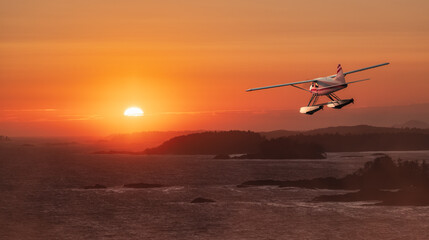 Seaplane Flying over the West Coast Pacific Ocean. Adventure Composite. 3D Rendering Airplane. Background Image from Tofino, Vancouver Island, British Columbia, Canada. Dramatic Sunset