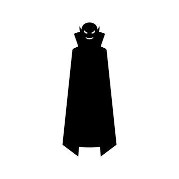 Sinister vampire in long cloak silhouette. Creepy black monster with fangs smiles while hanging in air. Descendant of powerful dracula who went hunting for vector people