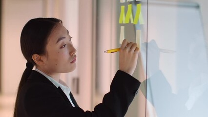 Brainstorming process. Pensive asian woman manager writing on sticky notes, planning project near glass wall, free space