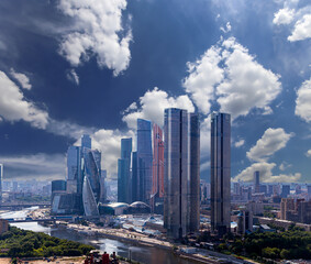 Aerial view of center of Moscow (City) against the background of the sky with clouds, Russia