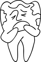 Root tooth cartoon character with problem and solution. Dental care for healthy teeth. Medical professional checkup and treatment. Hand drawn illustration. Comic personage with emotions vector drawing