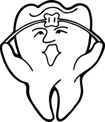 Root tooth cartoon character with problem and solution. Dental care for healthy teeth. Medical professional checkup and treatment. Hand drawn illustration. Comic personage with emotions vector drawing
