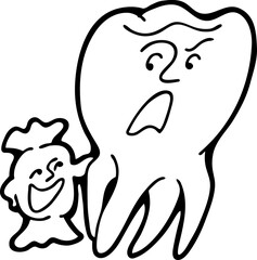 Root tooth cartoon character with problem and solution. Dental care for healthy teeth. Medical professional checkup and treatment. Hand drawn illustration. Comic personage with emotions vector drawing