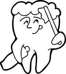 Root tooth cartoon character with problem and solution. Dental care for healthy teeth. Medical professional checkup and treatment. Hand drawn illustration. Comic personage with emotions vector drawing
