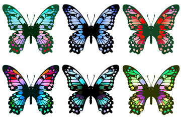 Fototapeta na wymiar 青や緑ベースのカラフルな6羽の蝶