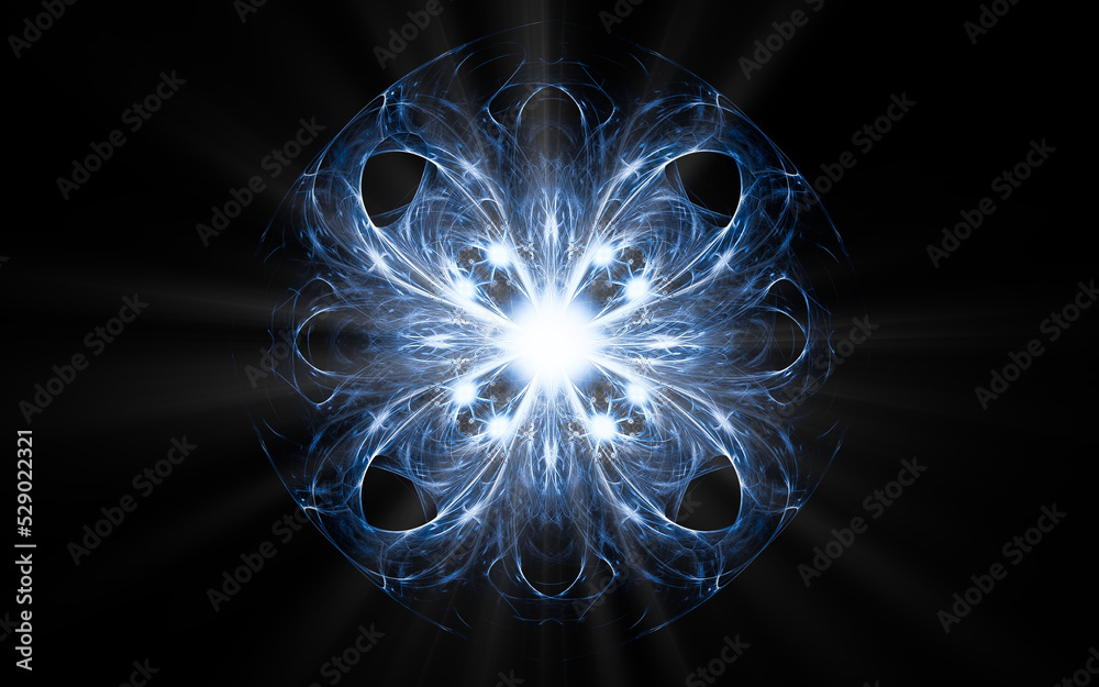 Aufkleber abstract illustration of a computer generated fantastic flower of various shapes and shades on a black background for use in symbology, signs for digital design and graphics
