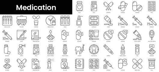 Fototapeta na wymiar Set of outline medication icons. Minimalist thin linear web icons bundle. vector illustration.