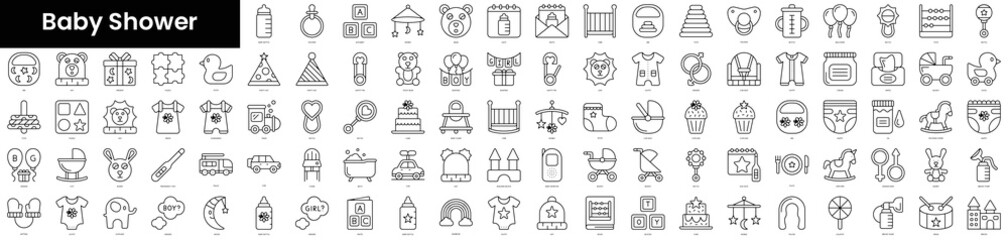 Set of outline baby shower icons. Minimalist thin linear web icons bundle. vector illustration.