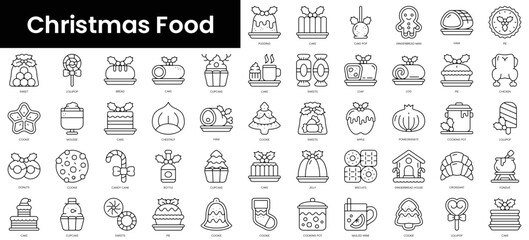 Fototapeta na wymiar Set of outline christmas food icons. Minimalist thin linear web icons bundle. vector illustration.