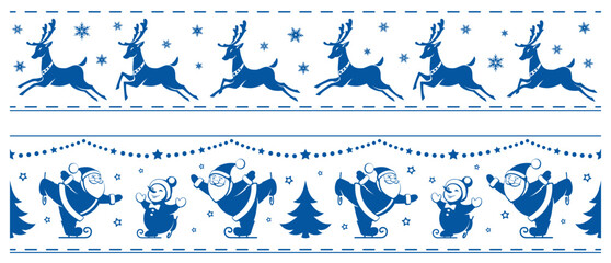 Running reindeer. Santa Claus and snowman on skates. Christmas divider. Horizontal border with Merry Christmas and New Year icons. Isolated silhouette. Festive design element. Seamless pattern. Vector