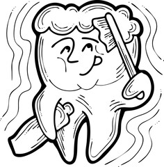 Naklejka premium Root tooth cartoon character with problem and solution. Dental care for healthy teeth. Medical professional checkup and treatment. Hand drawn illustration. Comic personage with emotions vector drawing