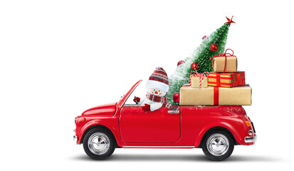 Snowman driving red car with christmas gifts and christmas tree on a white