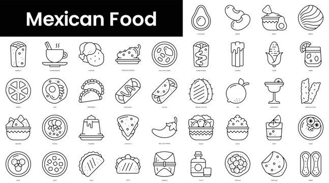 Set of outline mexican food icons. Minimalist thin linear web icons bundle. vector illustration.