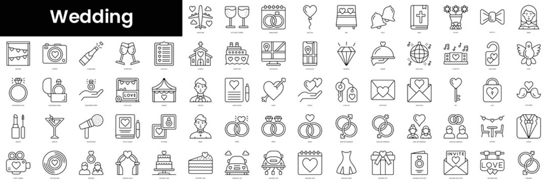 Set of outline wedding icons. Minimalist thin linear web icons bundle. vector illustration.