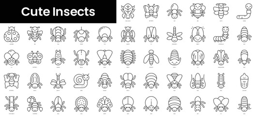 Set of outline cute insects icons. Minimalist thin linear web icons bundle. vector illustration.