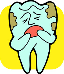 Root tooth cartoon character with problem and solution. Dental care for healthy teeth. Medical professional checkup and treatment. Hand drawn illustration. Comic personage with emotions vector drawing