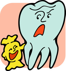 Root tooth cartoon character with problem and solution. Dental care for healthy teeth. Medical professional checkup and treatment. Hand drawn illustration. Comic personage with emotions vector drawing