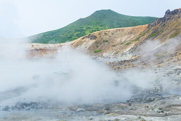 steaming hydrothermal outlet on the shore of the hot lake in the caldera of the Golovnin volcano on the island of Kunashir