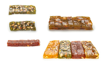 Turkish traditional delight with nuts isolated on white background.