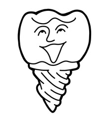 Root tooth cartoon character with problem and solution. Dental care for healthy teeth. Medical professional check up and treatment. Hand drawn illustration. Comic personage with emotions style drawing