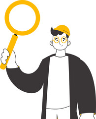 The guy is holding a magnifying glass in his hands. Search concept. Line art style. Isolated on white background. Vector.