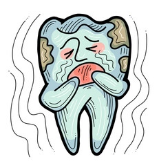 Root tooth cartoon character with problem and solution. Dental care for healthy teeth. Medical professional check up and treatment. Hand drawn illustration. Comic personage with emotions style drawing