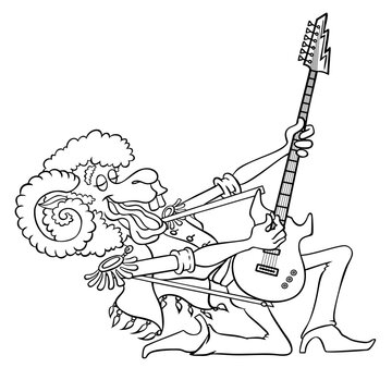 Funny ram is a rock musician. Vector contour illustration isolated on white. Cartoon ram plays the electric guitar.