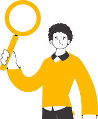 The guy is holding a magnifying glass in his hands. Search concept. Line art style. Isolated on white background. Vector illustration.