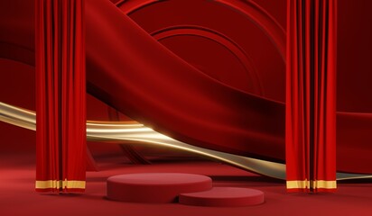 3D rendering of blank product background for cream cosmetics Modern red podium background