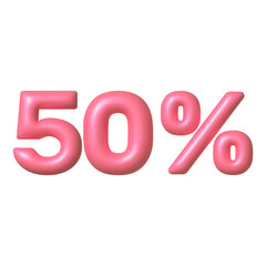 Sale 3D icon. Pink glossy 50 percent discount vector sign. 3d vector realistic design element.