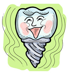 Root tooth cartoon character with problem and solution. Dental care for healthy teeth. Medical professional check up and treatment. Hand drawn illustration. Comic personage with emotions style drawing