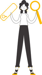 The girl is holding a magnifying glass in her hands. Search concept. Line art style. Isolated on white background. Vector.