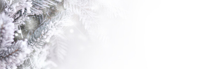 Christmas background with fir tree and festive Christmas toy.Banner. Copy space for text